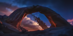 an arch shaped structure sits in the sky above mountains