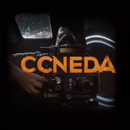 someone holding up a camera and the words coneda above it