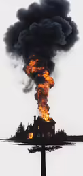 black smoke rises over a red building