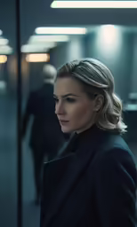a woman looking off into the distance in a building