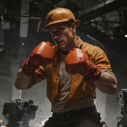 a man in yellow jacket and red gloves wearing orange gloves