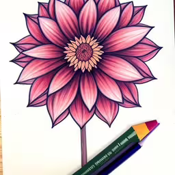 a drawing with a colored pencil on a paper,drawing with colored pencils of a flower and stem