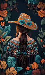 the back view of a woman with long hair and large floppy hat