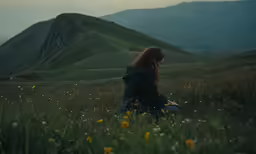 a person sits on the grass near a mountain