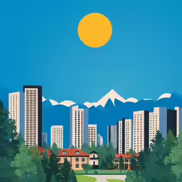 a painting with tall buildings, mountains and a road