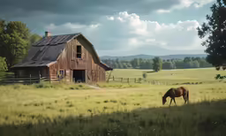 a brown horse grazing in a grassy field near a barn