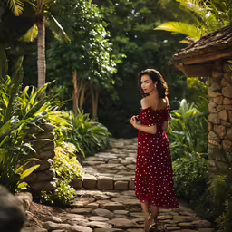 a woman is standing in a wooded area, with bushes, rocks and trees