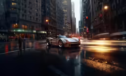 there is a sports car driving down the street
