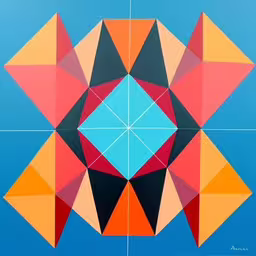 an artwork depicting geometric shapes in blue and red,this picture is very difficult to describe in this painting,a painting with very little details on the wall,a close up of some very colorful artwork,an abstract painting with several colors and shapes