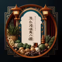 an oriental sign with a lot of fruits and vegetables