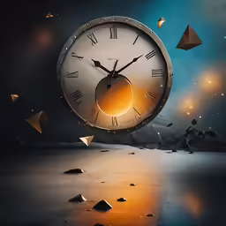 a clock that is floating in the air next to some water