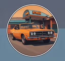 a yellow old car driving in front of a krispy kreme,a car parked at a gas station in front of the kiltkran