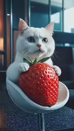 a white cat is holding a large strawberry