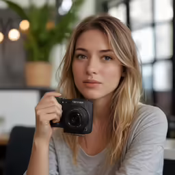 a woman takes a photo of herself using her digital camera