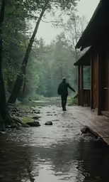 a man walks through a creek, towards a cabin