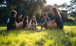 people sitting on the grass together talking to each other