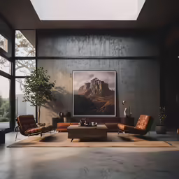 a living room with two chairs and a brown couch