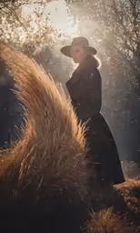 a beautiful woman in a hat standing in the grass