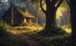 the little cabin is near two trees on the trail