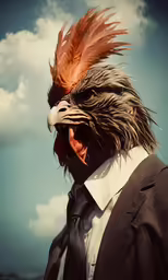 a bird with his head up wearing a suit