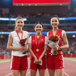 three olympic athletes stand at the starting line
