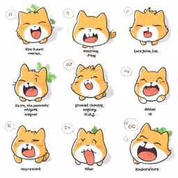 six different expressions of cat expressions on the same background