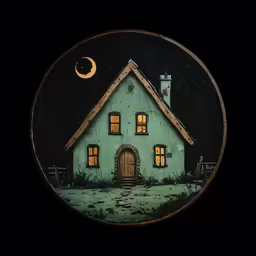 a house with a clock and a full moon at night