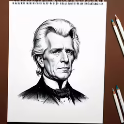 a picture with pencil and a marker, of a person in suit and tie