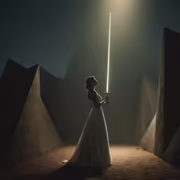 the woman is standing on a path with her lightsabe