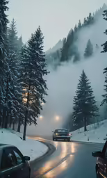 a car driving down a snowy road during the day