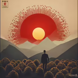 the sun is setting over a mountain with two men walking towards it
