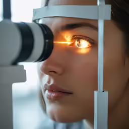 an asian woman using an eye microscope to look through the glass