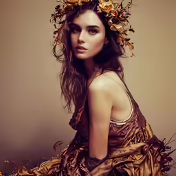 the girl is wearing a brown dress and has a golden flower in her hair