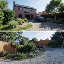 a two story home has a stone driveway and landscaping