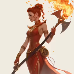 a woman holding a flame sword and standing