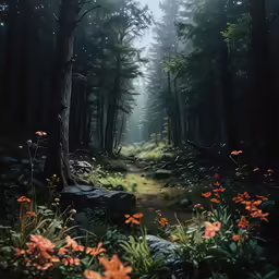 there is a path through the forest with flowers