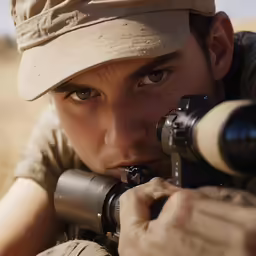 a man holding a rifle in one hand and aiming it at something
