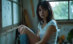 a woman sitting on the floor in front of a window