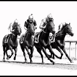 three race horses are racing during the day