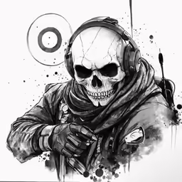 a skeleton wearing headphones holding a microphone