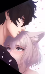 two anime characters, one with black hair and the other with white hair
