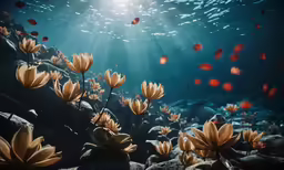 there are many yellow flowers in the water