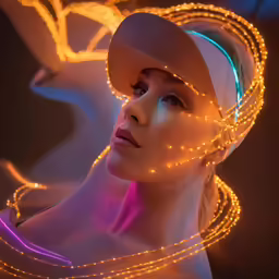 a woman is wearing bright lights on her face