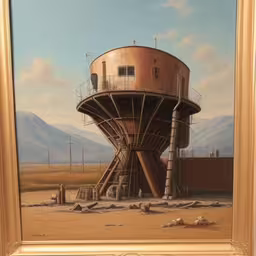 a painting of a water tower with mountains in the background