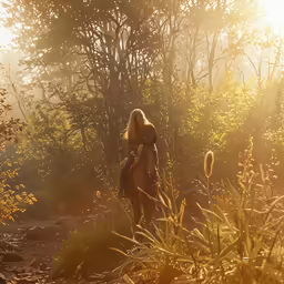 a woman riding on top of a brown horse through a forest