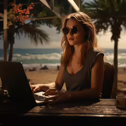 a lady wearing black sunglasses sits at a wooden table and uses her laptop