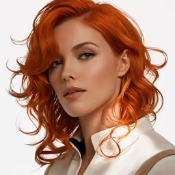 a woman with bright red hair and a sleek look