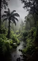 a creek runs through a dense green forest