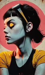 a girl with dark hair and a strange look is depicted in this colorful picture