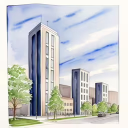 a drawing of a building in an urban setting,a drawing of a tall building with windows, in the middle of a city,a pencil sketch of a building on a corner,some very large tall buildings and trees in the background,illustration of a large city with a street and buildings